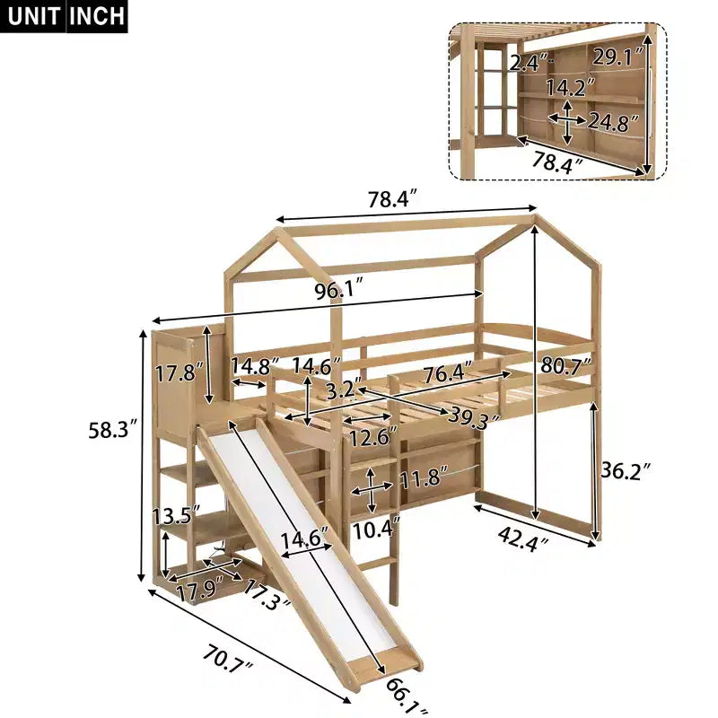 Twin Size Wood House Loft Bed with Slide, Low Loft Bed Frame with Storage Shelves and Light for Kids Teens