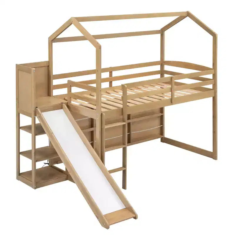 Twin Size Wood House Loft Bed with Slide, Low Loft Bed Frame with Storage Shelves and Light for Kids Teens