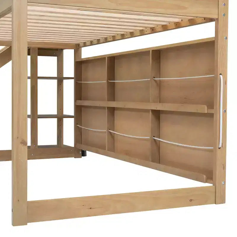 Twin Size Wood House Loft Bed with Slide, Low Loft Bed Frame with Storage Shelves and Light for Kids Teens