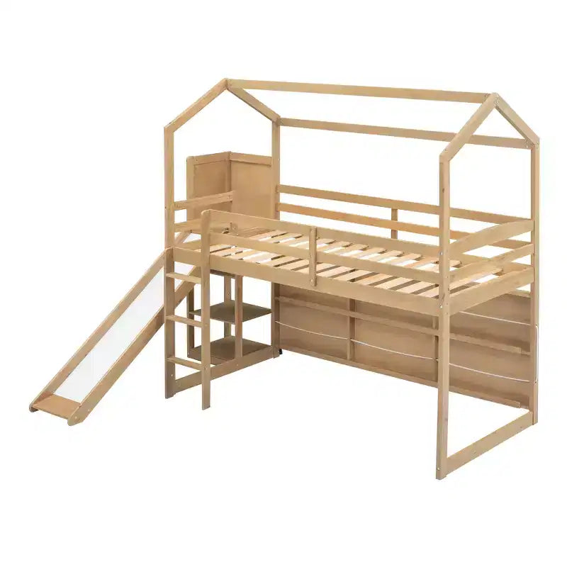 Twin Size Wood House Loft Bed with Slide, Low Loft Bed Frame with Storage Shelves and Light for Kids Teens
