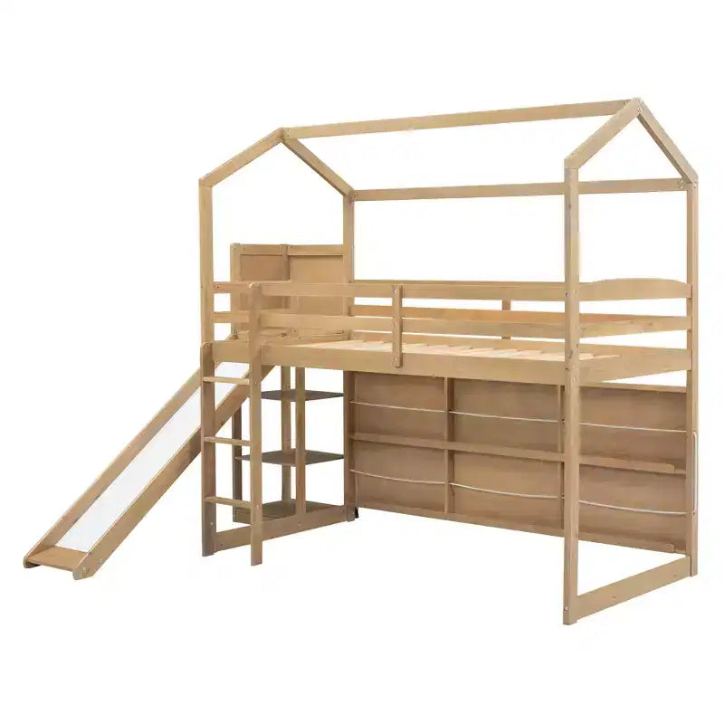 Twin Size Wood House Loft Bed with Slide, Low Loft Bed Frame with Storage Shelves and Light for Kids Teens