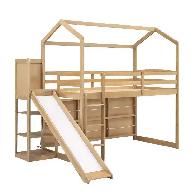 Twin Size Wood House Loft Bed with Slide, Low Loft Bed Frame with Storage Shelves and Light for Kids Teens