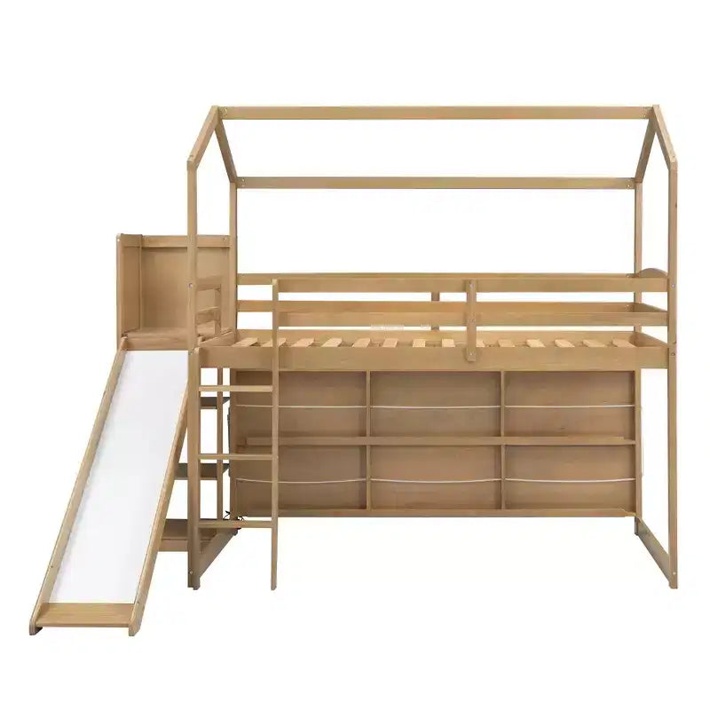 Twin Size Wood House Loft Bed with Slide, Low Loft Bed Frame with Storage Shelves and Light for Kids Teens