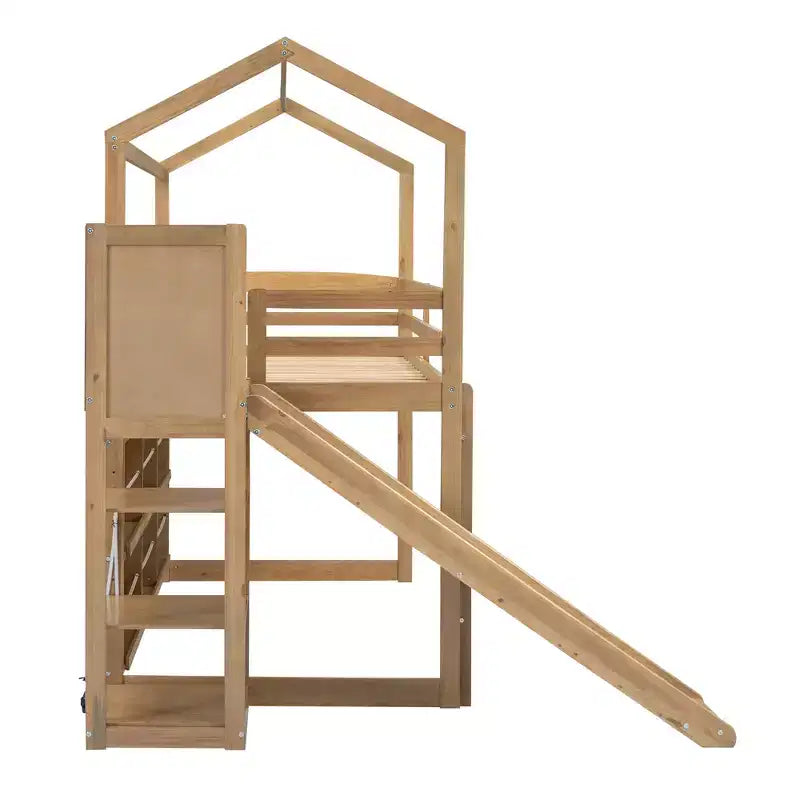 Twin Size Wood House Loft Bed with Slide, Low Loft Bed Frame with Storage Shelves and Light for Kids Teens