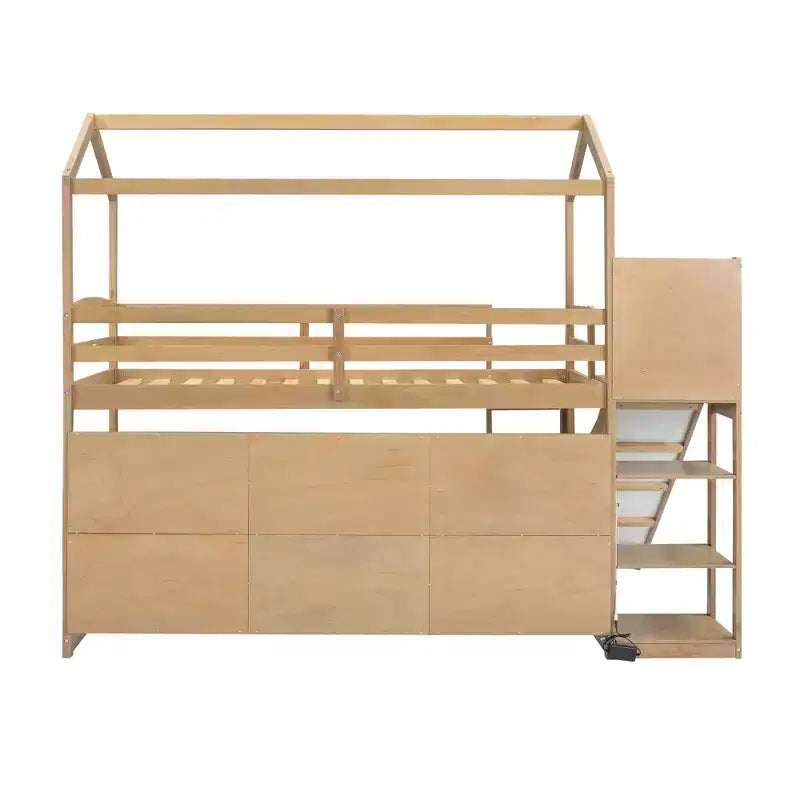 Twin Size Wood House Loft Bed with Slide, Low Loft Bed Frame with Storage Shelves and Light for Kids Teens