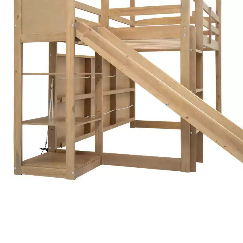 Twin Size Wood House Loft Bed with Slide, Low Loft Bed Frame with Storage Shelves and Light for Kids Teens