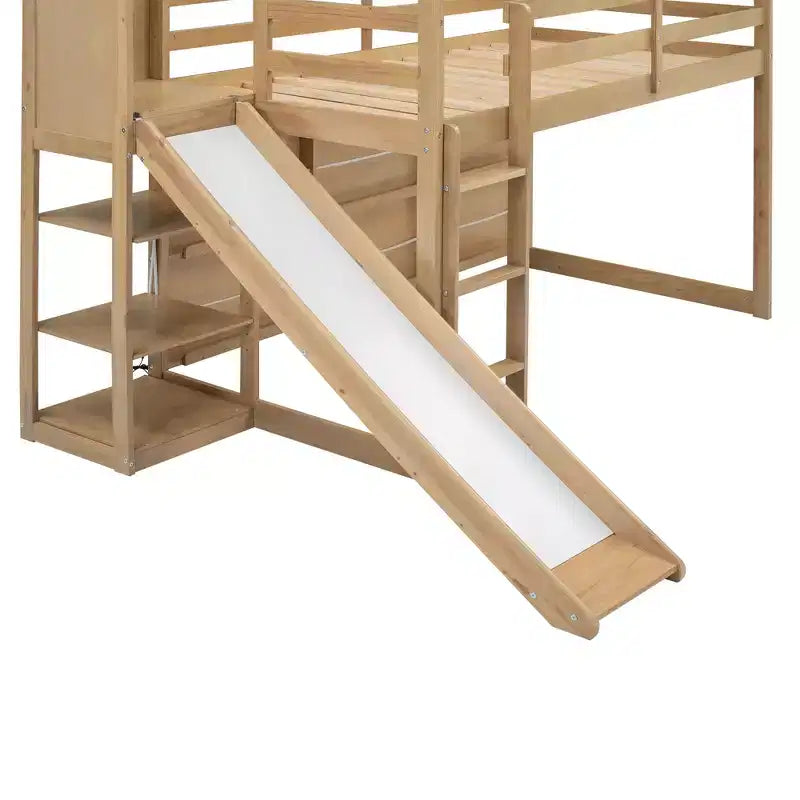 Twin Size Wood House Loft Bed with Slide, Low Loft Bed Frame with Storage Shelves and Light for Kids Teens