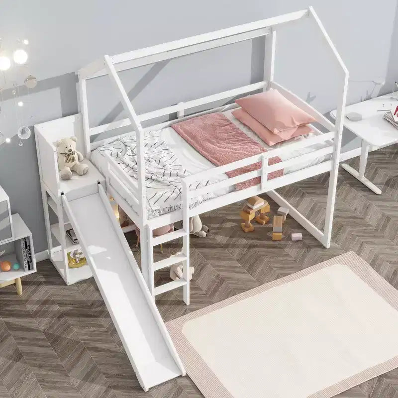 Twin Size Wood House Loft Bed with Slide, Low Loft Bed Frame with Storage Shelves and Light for Kids Teens