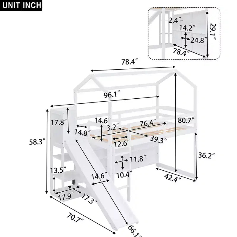 Twin Size Wood House Loft Bed with Slide, Low Loft Bed Frame with Storage Shelves and Light for Kids Teens