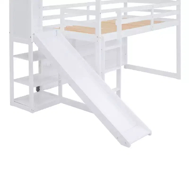 Twin Size Wood House Loft Bed with Slide, Low Loft Bed Frame with Storage Shelves and Light for Kids Teens