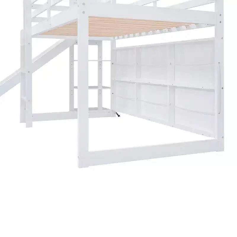 Twin Size Wood House Loft Bed with Slide, Low Loft Bed Frame with Storage Shelves and Light for Kids Teens