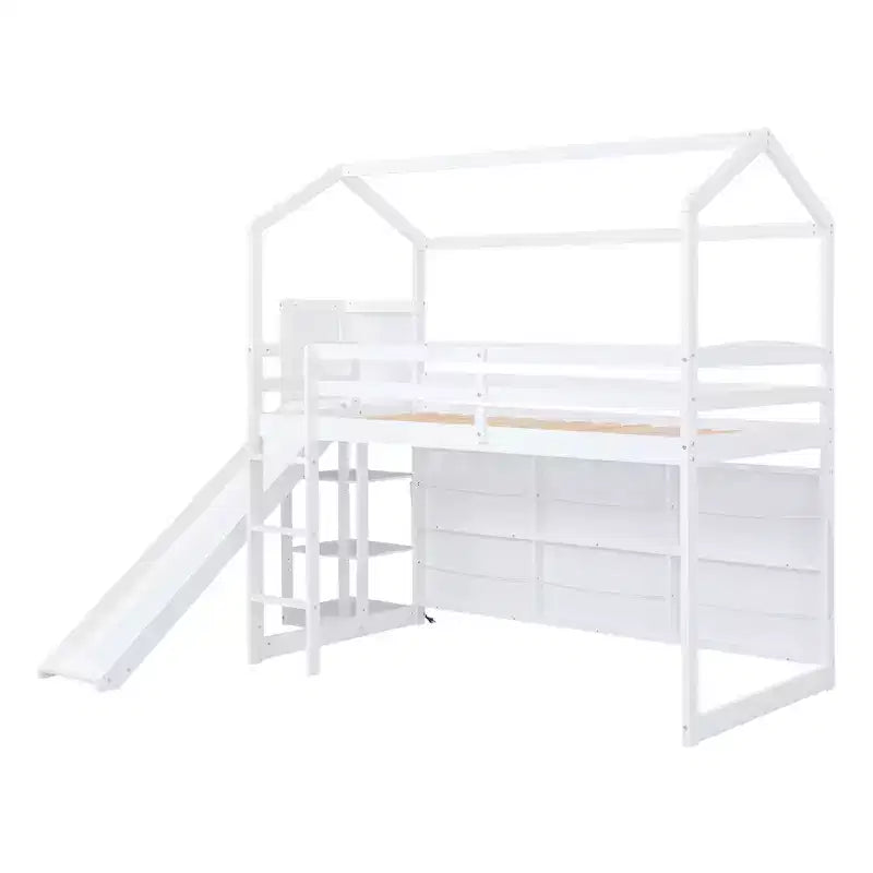 Twin Size Wood House Loft Bed with Slide, Low Loft Bed Frame with Storage Shelves and Light for Kids Teens