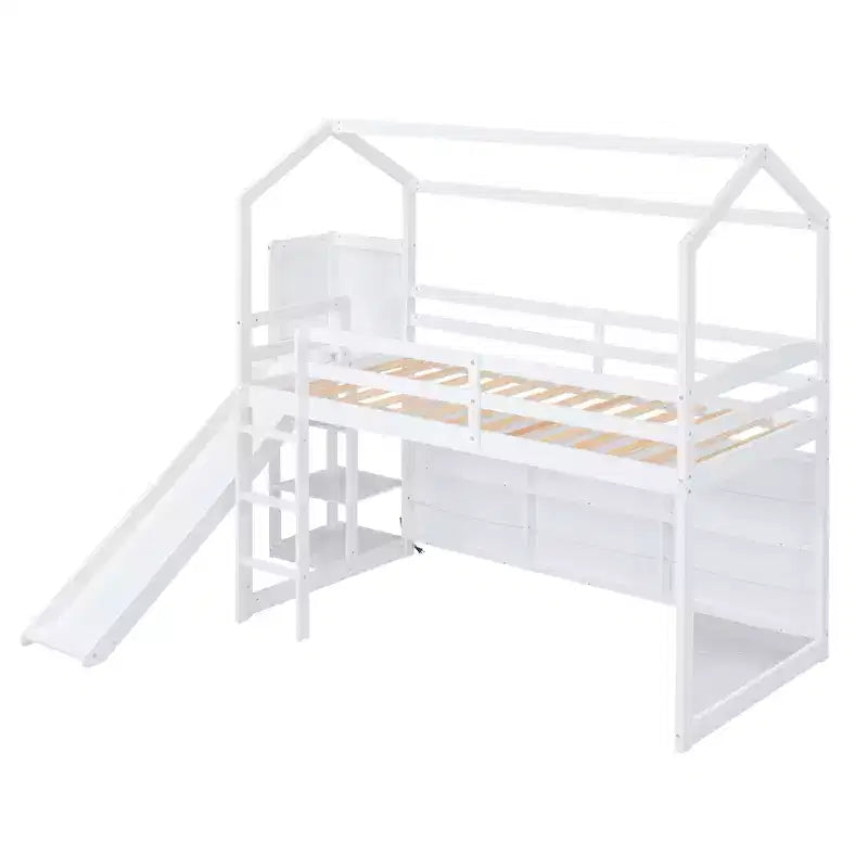 Twin Size Wood House Loft Bed with Slide, Low Loft Bed Frame with Storage Shelves and Light for Kids Teens