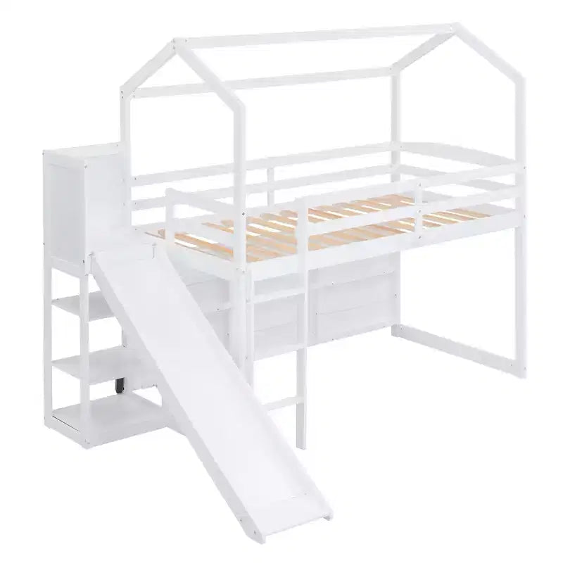 Twin Size Wood House Loft Bed with Slide, Low Loft Bed Frame with Storage Shelves and Light for Kids Teens
