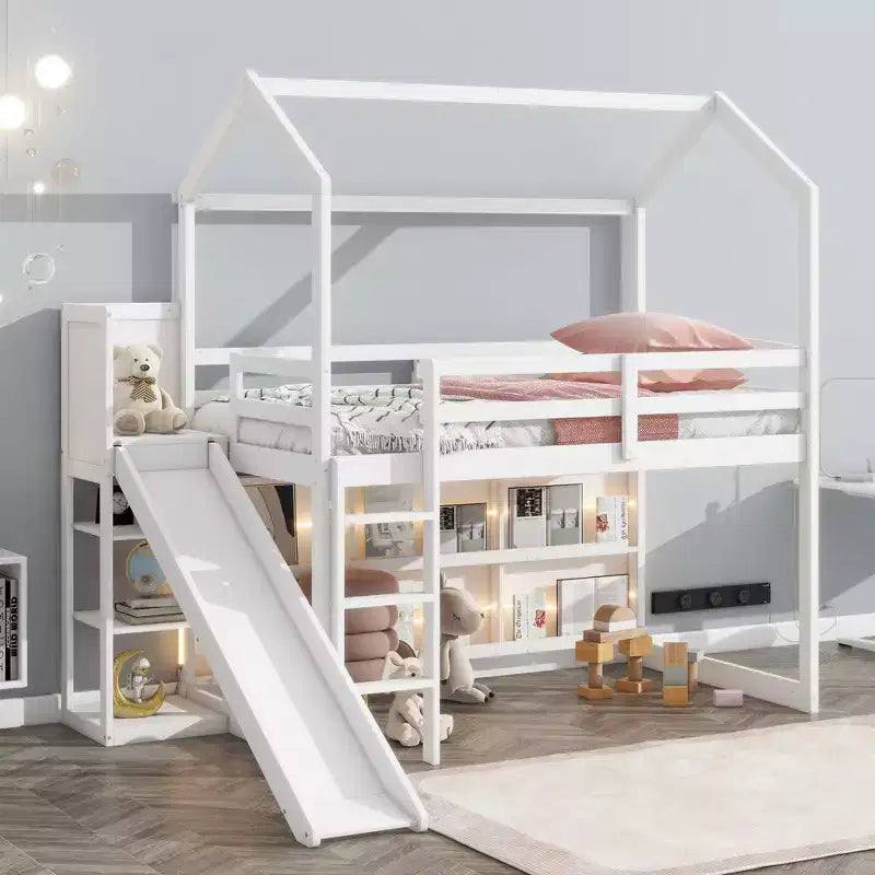 Playful Twin Size Wood House Loft Bed with Slide, Multiple-Function Low Loft Bed Frame with Storage Shelves and Light for Kids Teens