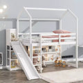 Playful Twin Size Wood House Loft Bed with Slide, Multiple-Function Low Loft Bed Frame with Storage Shelves and Light for Kids Teens