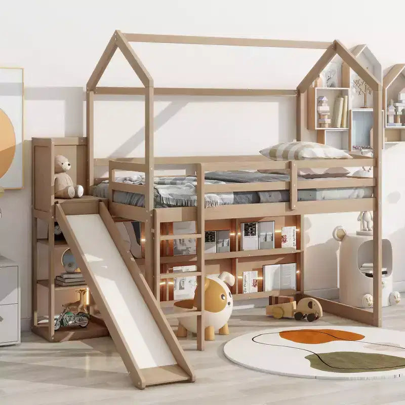 Twin Size Wood House Loft Bed with Slide, Low Loft Bed Frame with Storage Shelves and Light for Kids Teens