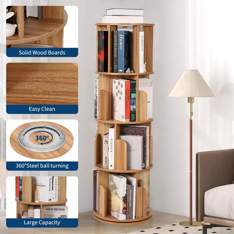 4 Tier 360 Rotating Bookshelf, Free Standing Wooden Bookcase, Book Storage Organizer for Living Room, Bedroom