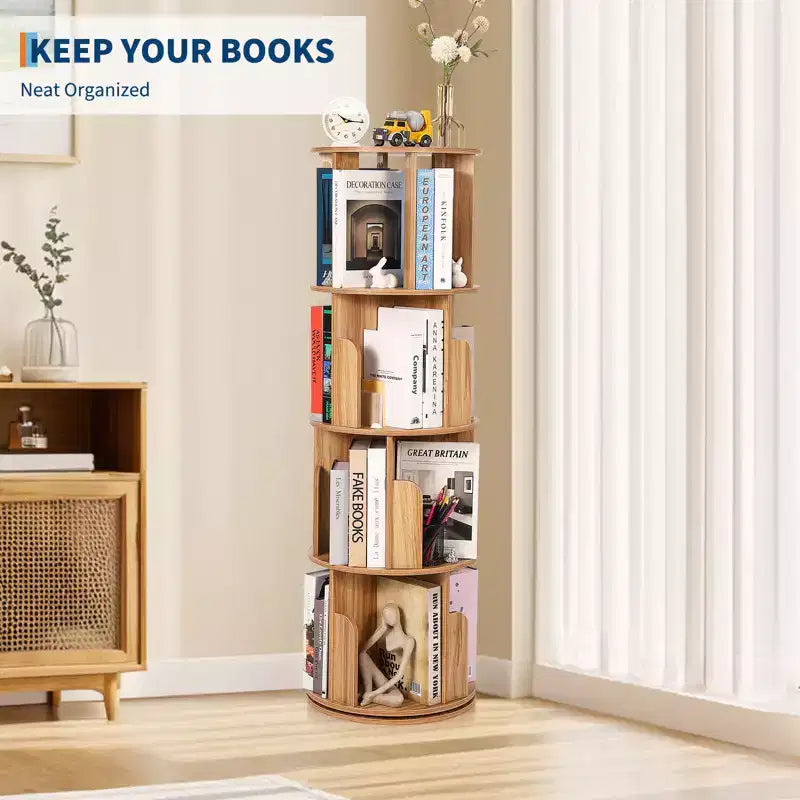 4 Tier 360 Rotating Bookshelf, Free Standing Wooden Bookcase, Book Storage Organizer for Living Room, Bedroom