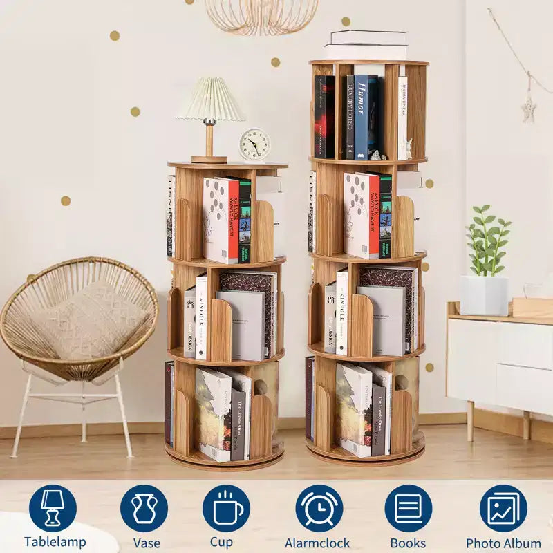 4 Tier 360 Rotating Bookshelf, Free Standing Wooden Bookcase, Book Storage Organizer for Living Room, Bedroom