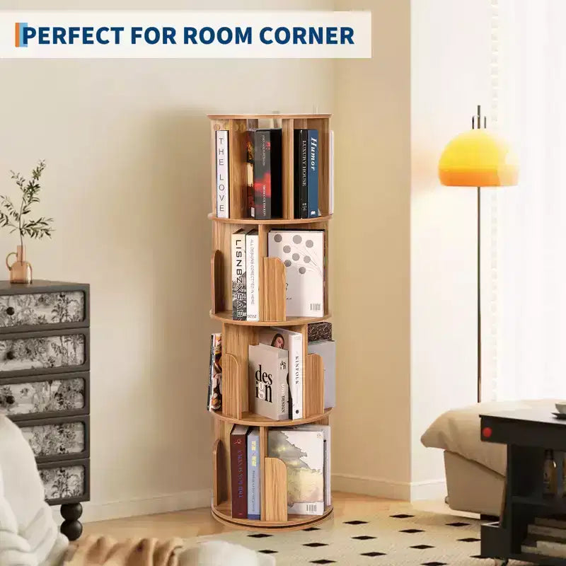 4 Tier 360 Rotating Bookshelf, Free Standing Wooden Bookcase, Book Storage Organizer for Living Room, Bedroom