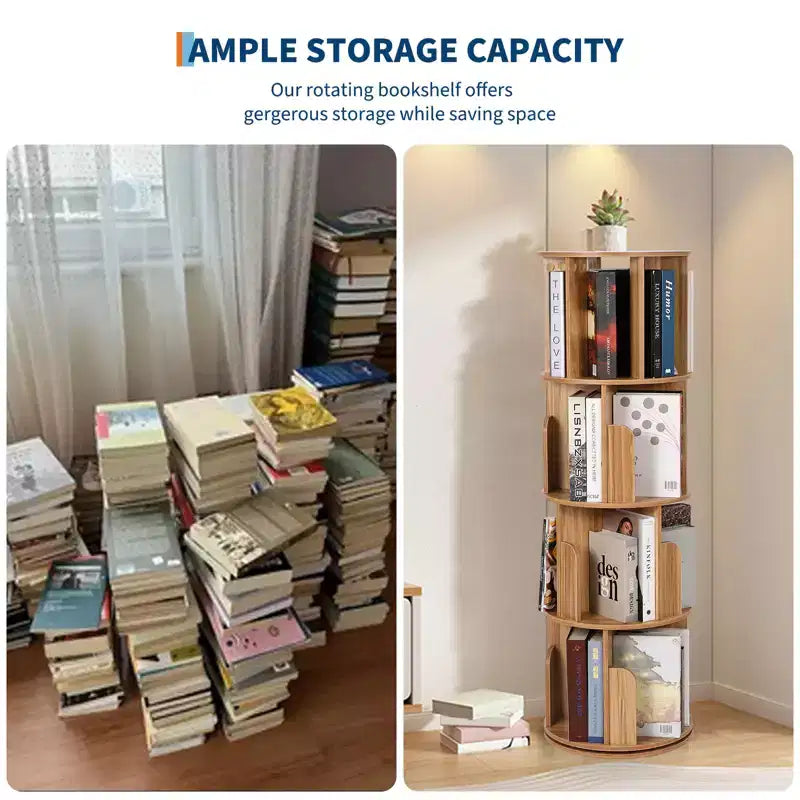 4 Tier 360 Rotating Bookshelf, Free Standing Wooden Bookcase, Book Storage Organizer for Living Room, Bedroom