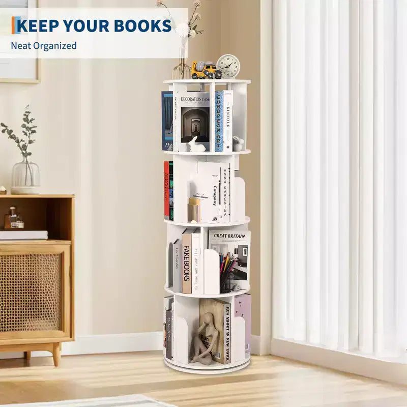 4 Tier 360 Rotating Bookshelf, Free Standing Wooden Bookcase, Book Storage Organizer for Living Room, Bedroom