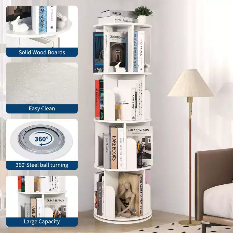 4 Tier 360 Rotating Bookshelf, Free Standing Wooden Bookcase, Book Storage Organizer for Living Room, Bedroom
