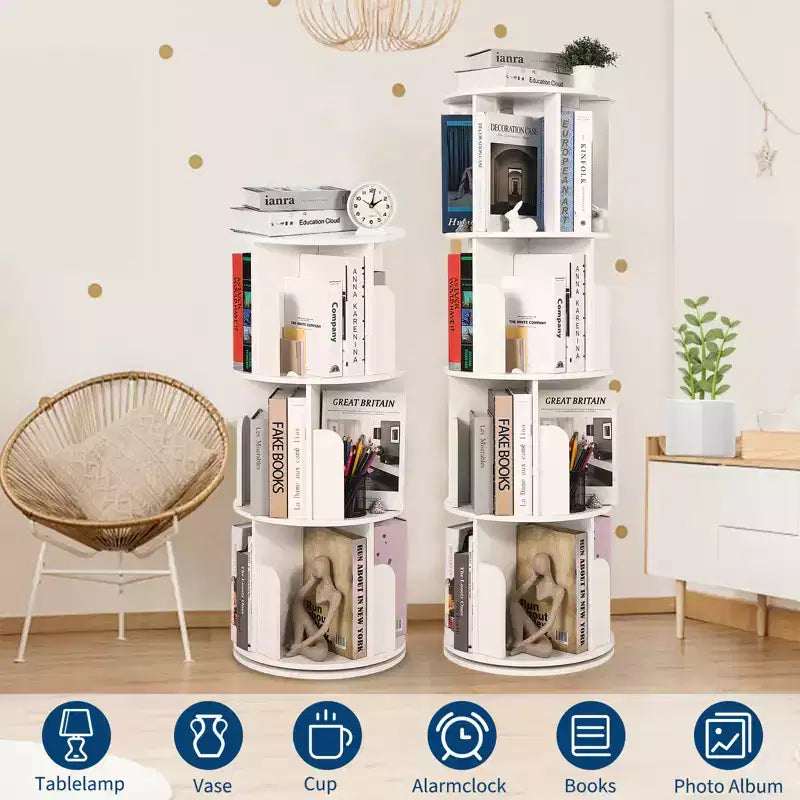 4 Tier 360 Rotating Bookshelf, Free Standing Wooden Bookcase, Book Storage Organizer for Living Room, Bedroom