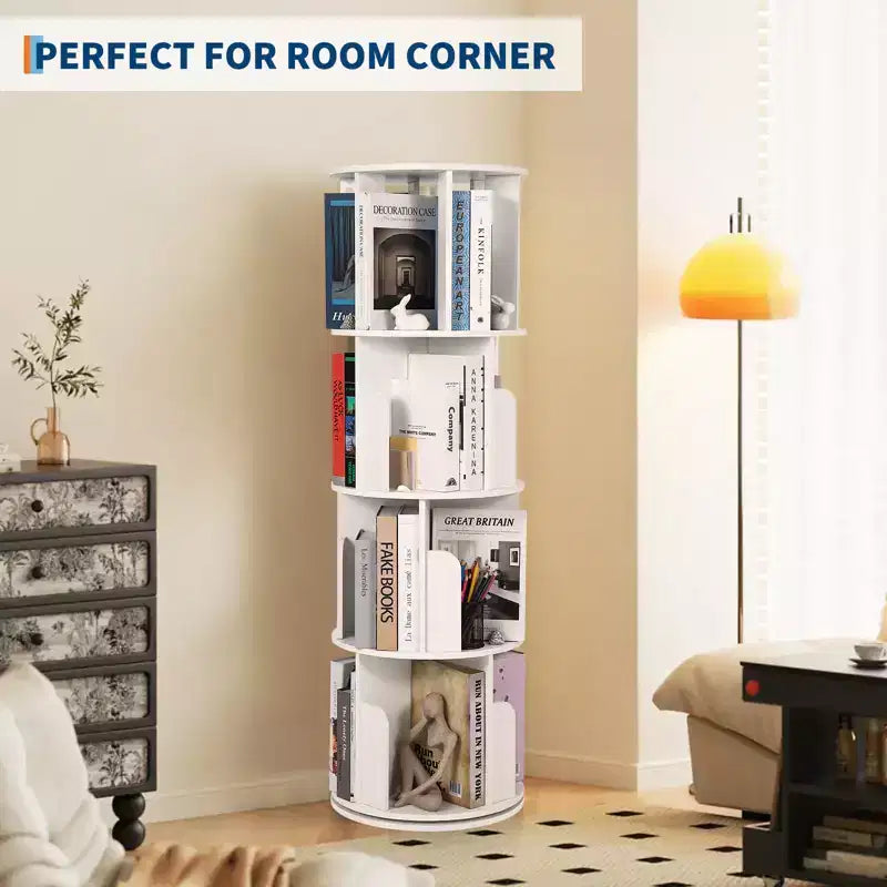 4 Tier 360 Rotating Bookshelf, Free Standing Wooden Bookcase, Book Storage Organizer for Living Room, Bedroom