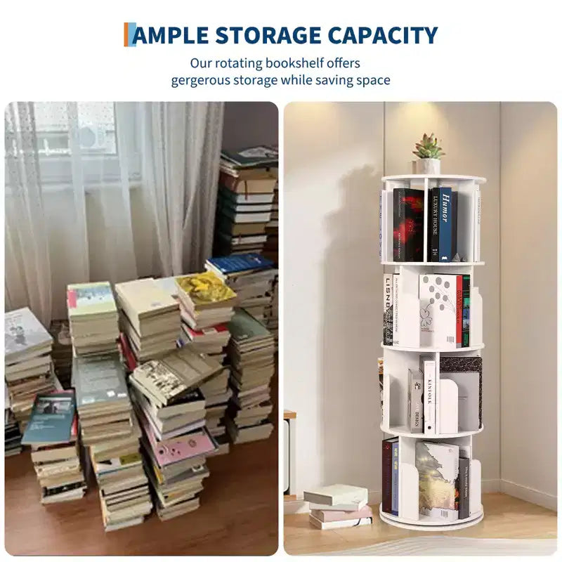4 Tier 360 Rotating Bookshelf, Free Standing Wooden Bookcase, Book Storage Organizer for Living Room, Bedroom