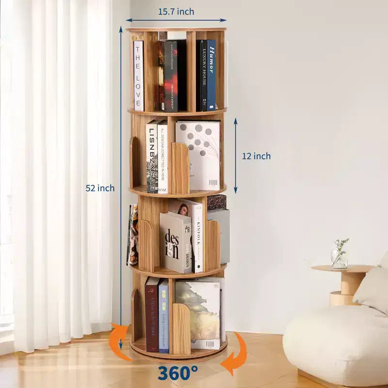 4 Tier 360 Rotating Bookshelf, Free Standing Wooden Bookcase, Book Storage Organizer for Living Room, Bedroom