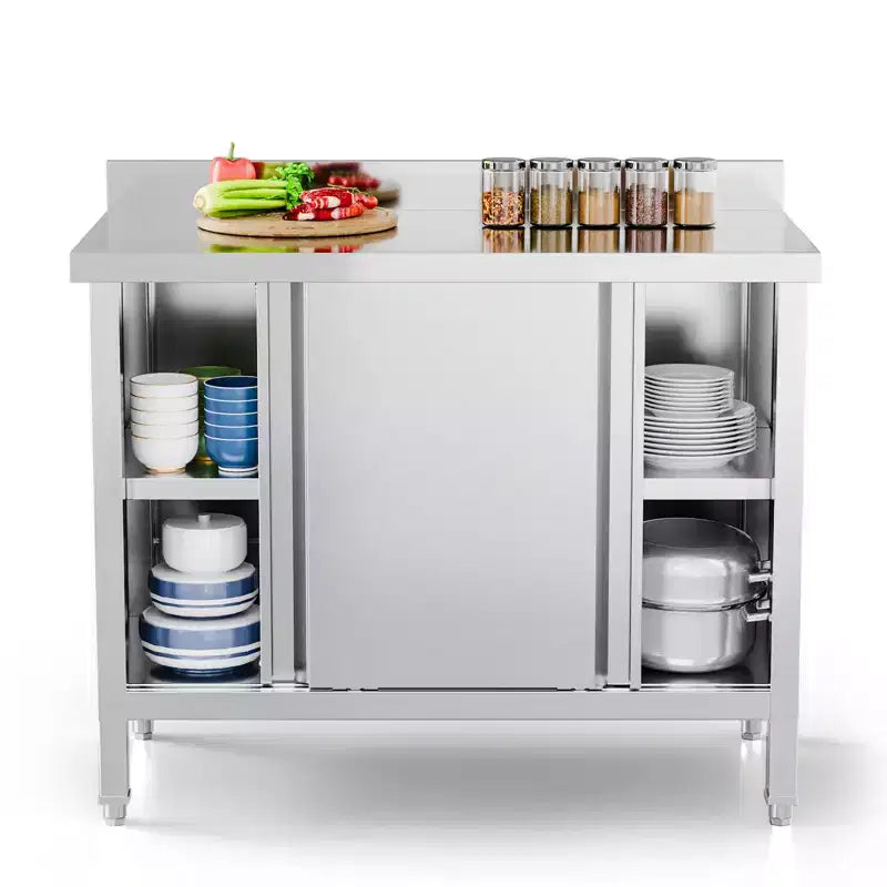 ROVSUN 39 x 19 All Stainless Steel Table with Cabinet& Backsplash for Kitchen,Restaurant