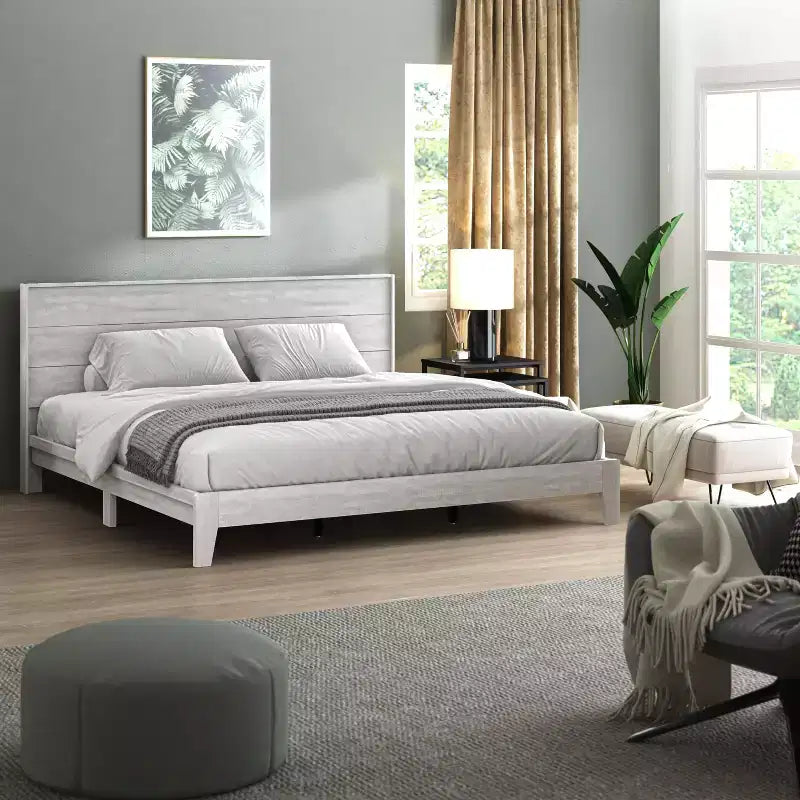 King Size Platform Bed with Headboard, Dusty Grey Oak, LVL Slat System