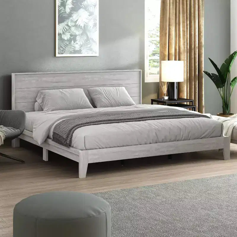 King Size Platform Bed with Headboard, Dusty Grey Oak, LVL Slat System