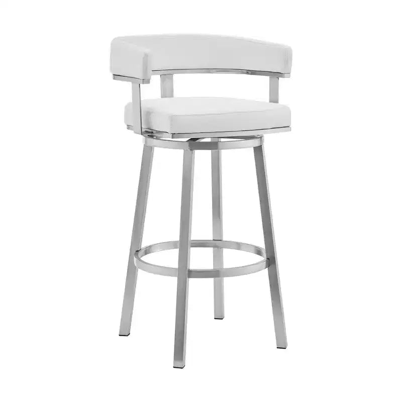 HomeRoots 30 White and Silver Faux Leather Stainless Steel Low Back Bar Height Swivel Bar Chair