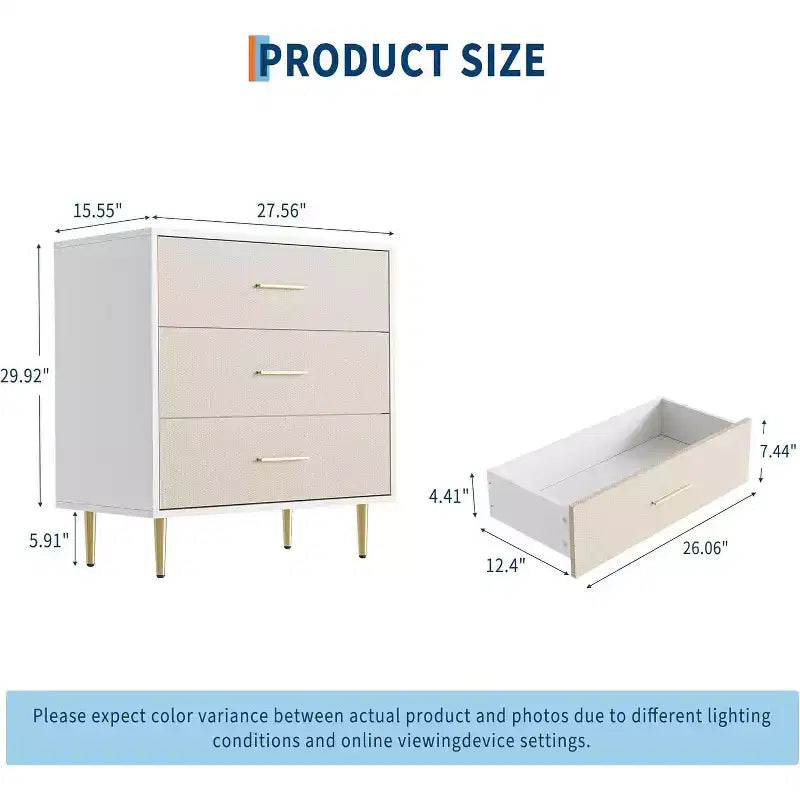 Modern White Nightstand with 3 Drawers and Gold Legs, Slim Bedside Table for Small Spaces
