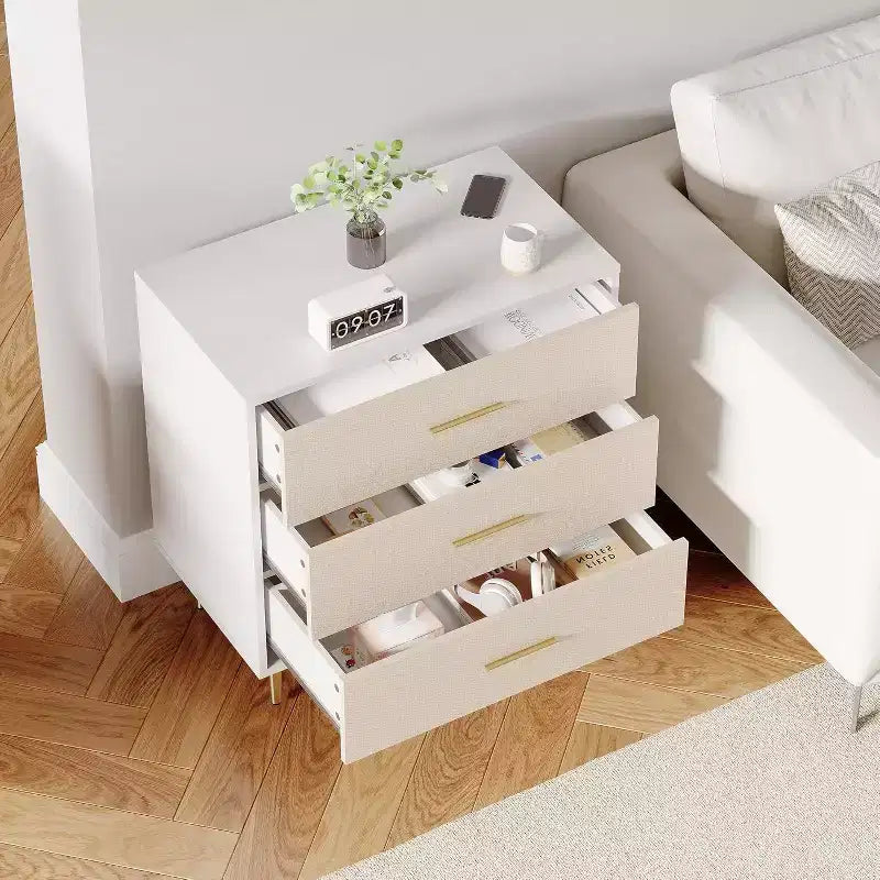 Modern White Nightstand with 3 Drawers and Gold Legs, Slim Bedside Table for Small Spaces