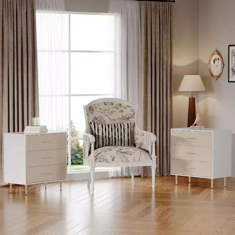 Modern White Nightstand with 3 Drawers and Gold Legs, Slim Bedside Table for Small Spaces