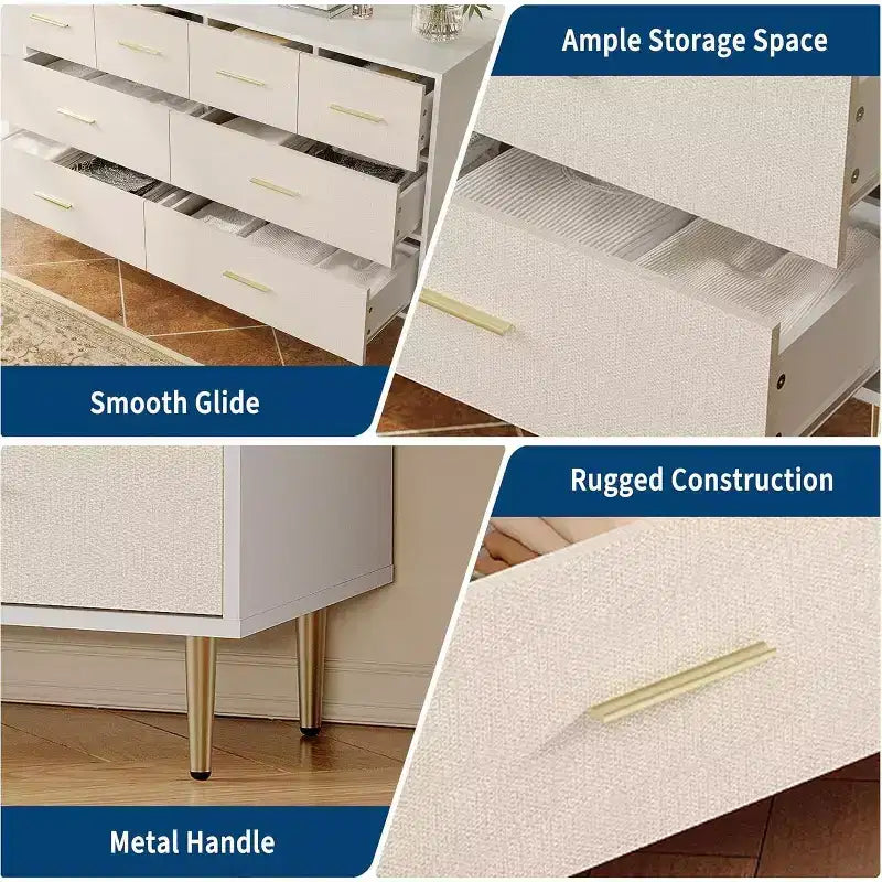 Modern White Nightstand with 3 Drawers and Gold Legs, Slim Bedside Table for Small Spaces