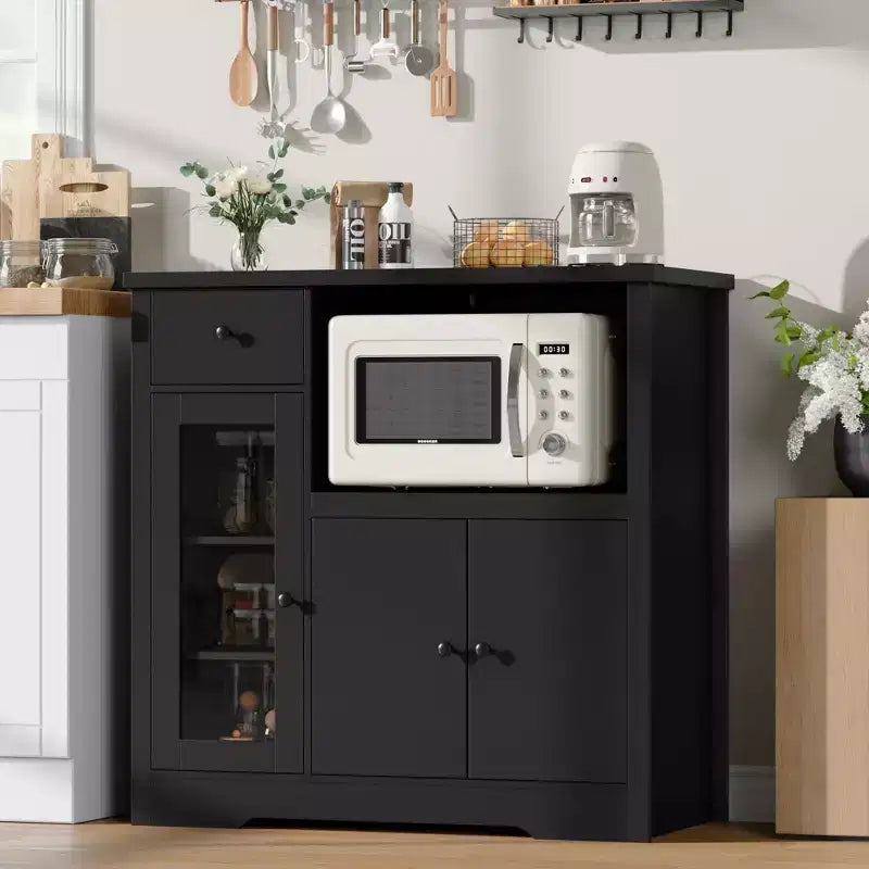 Kitchen Microwave Cabinet with Storage, Buffet Sideboard with 3 Doors, 1 Drawer and Adjustable Shelves