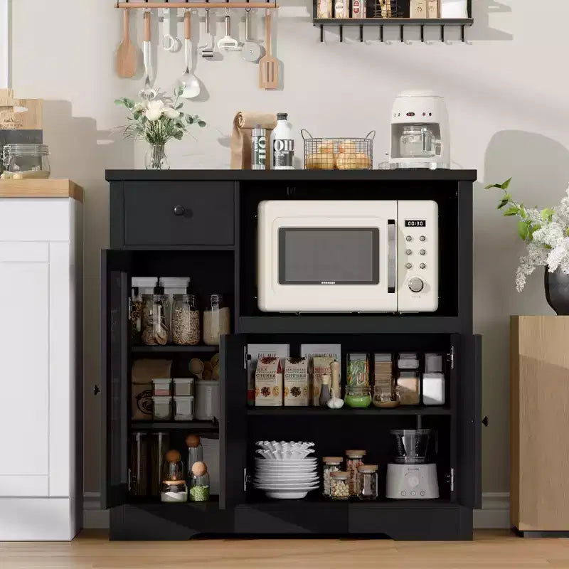 Kitchen Microwave Cabinet with Storage, Buffet Sideboard with 3 Doors, 1 Drawer and Adjustable Shelves