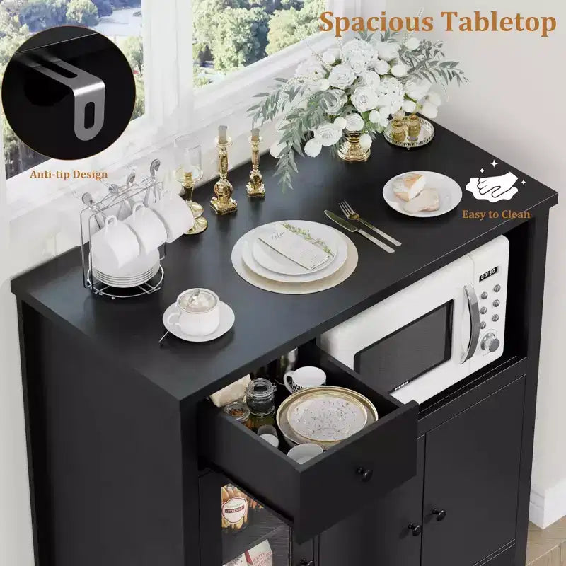 Kitchen Microwave Cabinet with Storage, Buffet Sideboard with 3 Doors, 1 Drawer and Adjustable Shelves