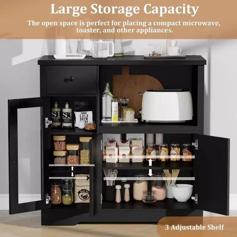 Kitchen Microwave Cabinet with Storage, Buffet Sideboard with 3 Doors, 1 Drawer and Adjustable Shelves