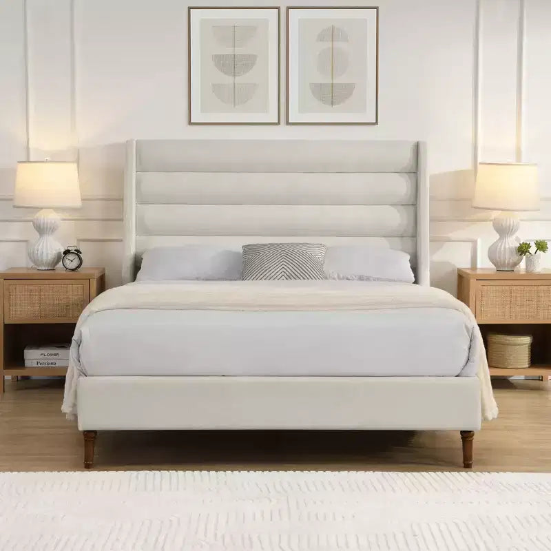Queen/King Size Platform Bed Frame with High Headboard Upholstered, Chenille - ModernLuxe