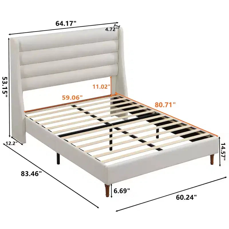 Queen and King Size Platform Bed Frame with High Wavy Headboard, Chenille Upholstered