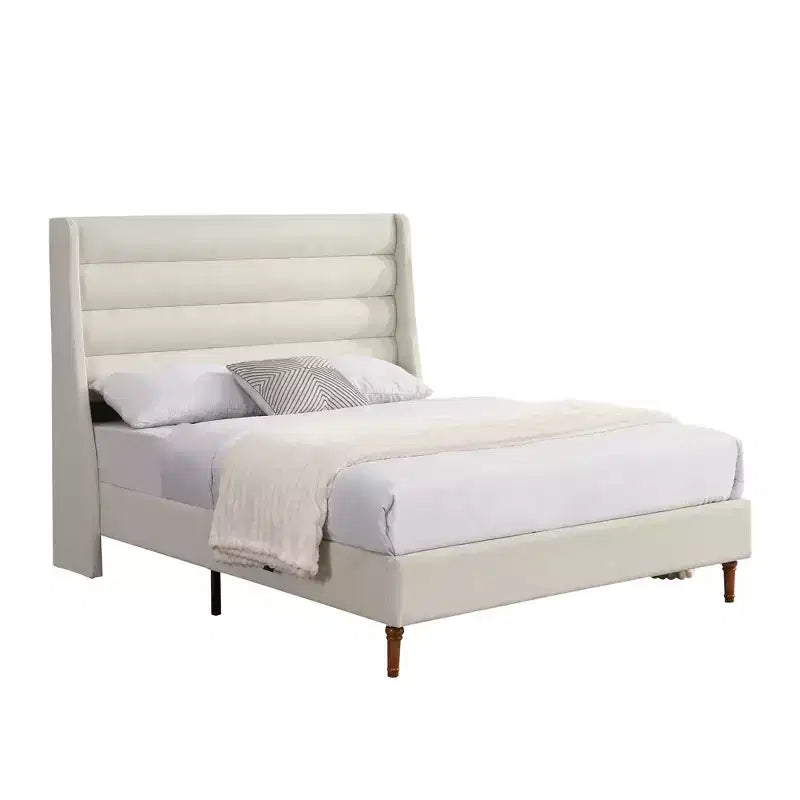 Queen and King Size Platform Bed Frame with High Wavy Headboard, Chenille Upholstered