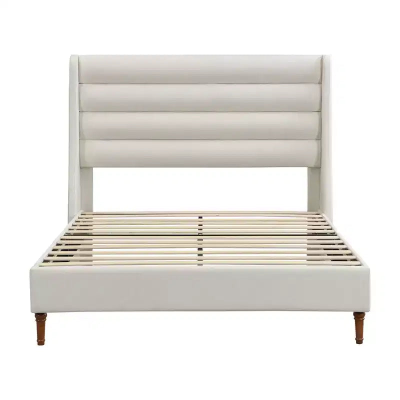 Queen and King Size Platform Bed Frame with High Wavy Headboard, Chenille Upholstered