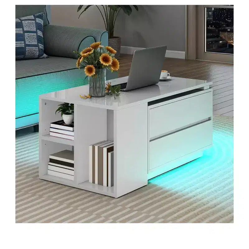 Convertible Wooden Extandable LED Coffee Table with 4 Storage Drawers & Open Shelves For Living Room White