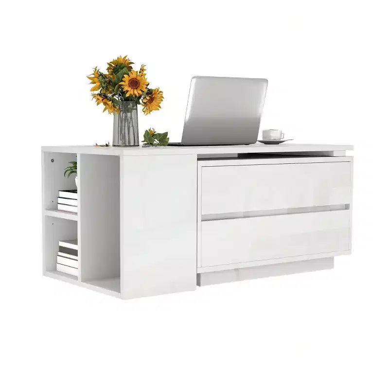 Convertible Extendable LED Coffee Table with 4 Storage Drawers and Open Shelves, White